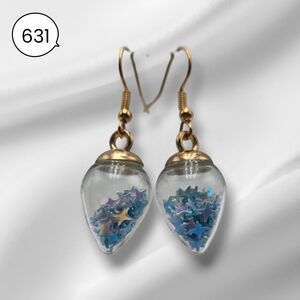 Glass Teardrop Star Earrings – Blue Iridescent Confetti Dangle Earrings